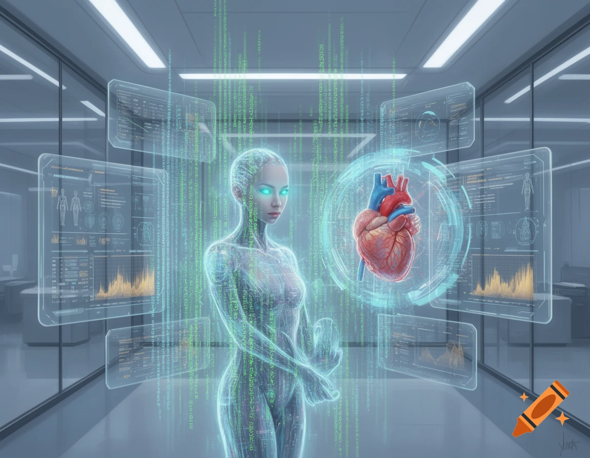 A translucent, glowing AI figure in a futuristic lab, surrounded by holographic screens displaying medical data and a detailed human heart, with green matrix code falling in the background.