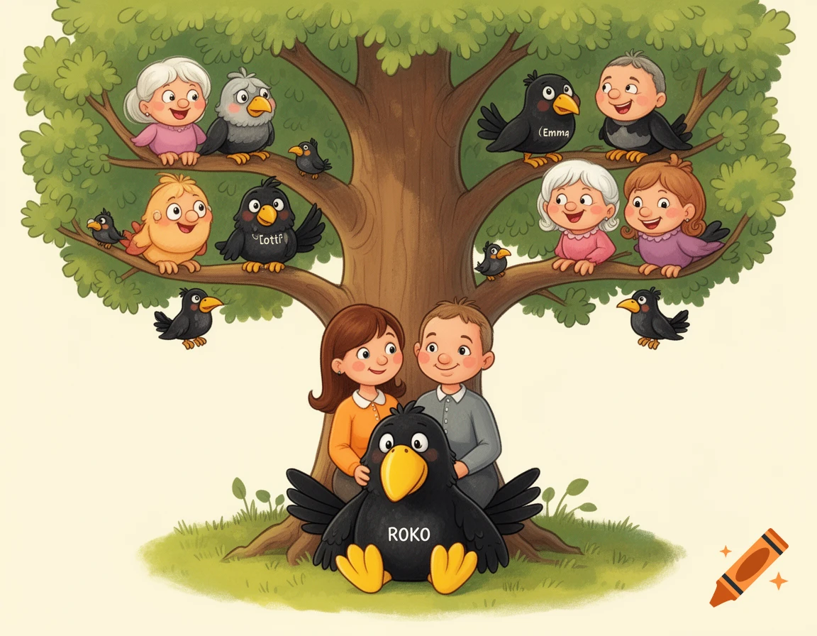A cute kindergarten illustration of a family tree with cartoon human-like characters and crows in a warm, children's book style.