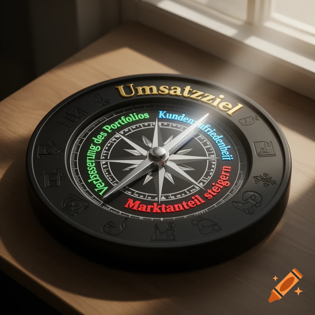 3D render of a black business compass on wood, featuring 'Umsatzziel' and other German business terms.