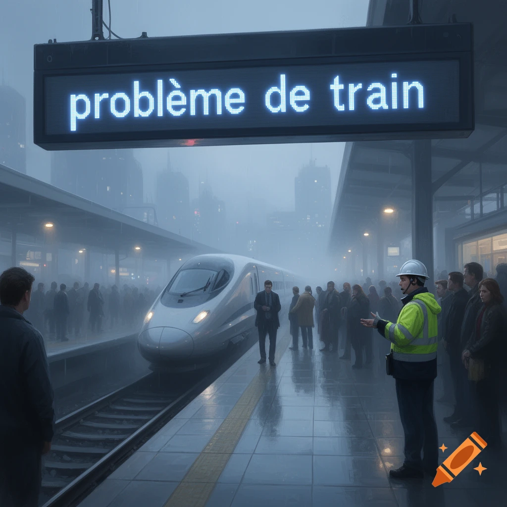 A foggy train station platform with a high-speed train and a crowd of people under a sign reading "problème de train".