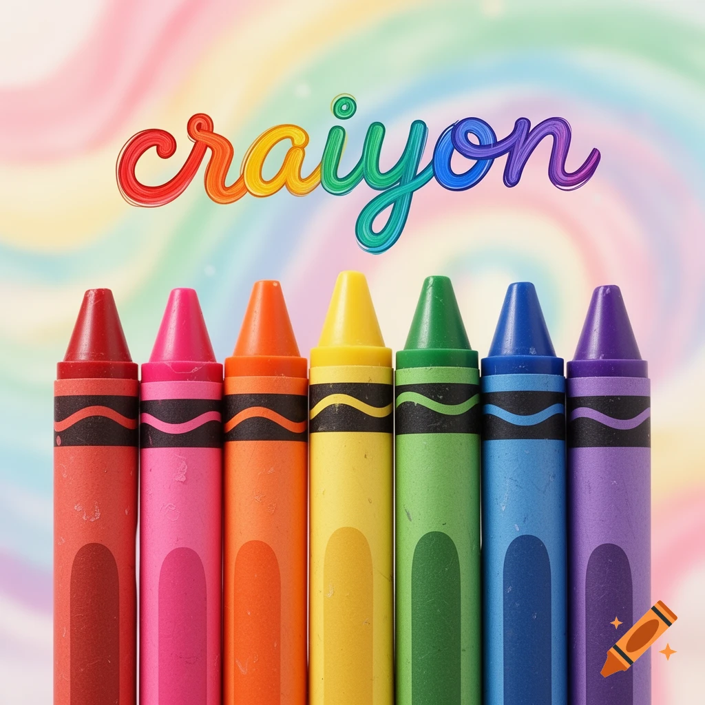 A row of rainbow-colored crayons with the word "craiyon" in rainbow letters above them on a soft pastel swirl background.