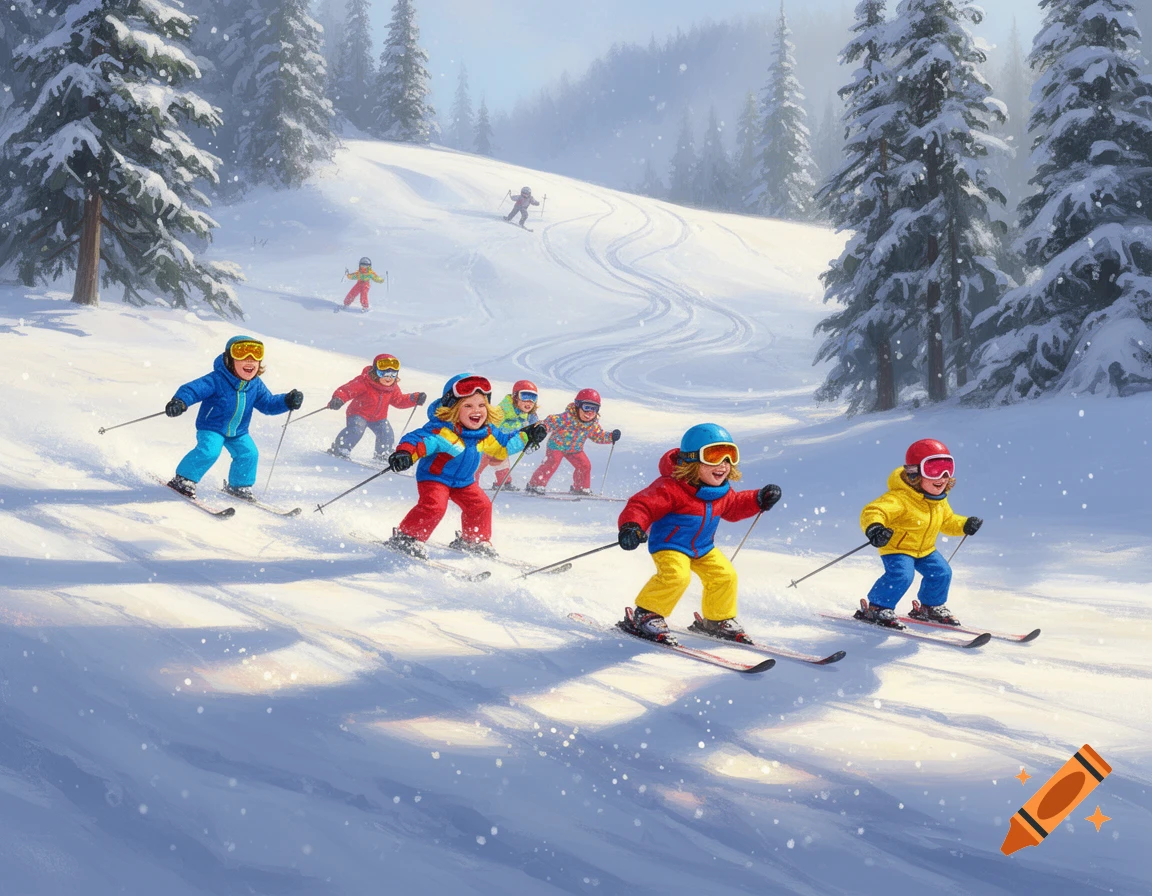 A group of happy children in colorful ski suits skiing down a snowy mountain slope with pine trees under a clear sky.