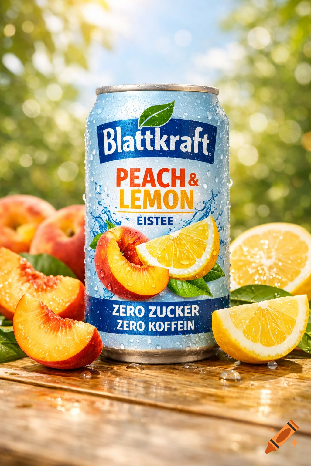 A wet can of "Blattkraft Peach & Lemon Eistee Zero Zucker Zero Koffein" on a wooden table with fresh peaches and lemon slices.