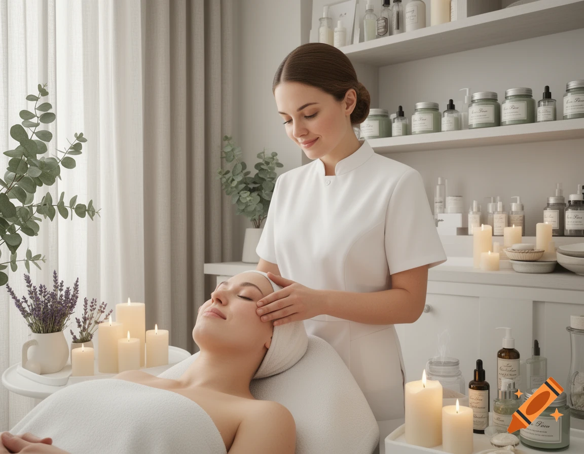An aesthetician performs a facial massage on a client lying on a spa bed in a serene room with candles and skincare products.