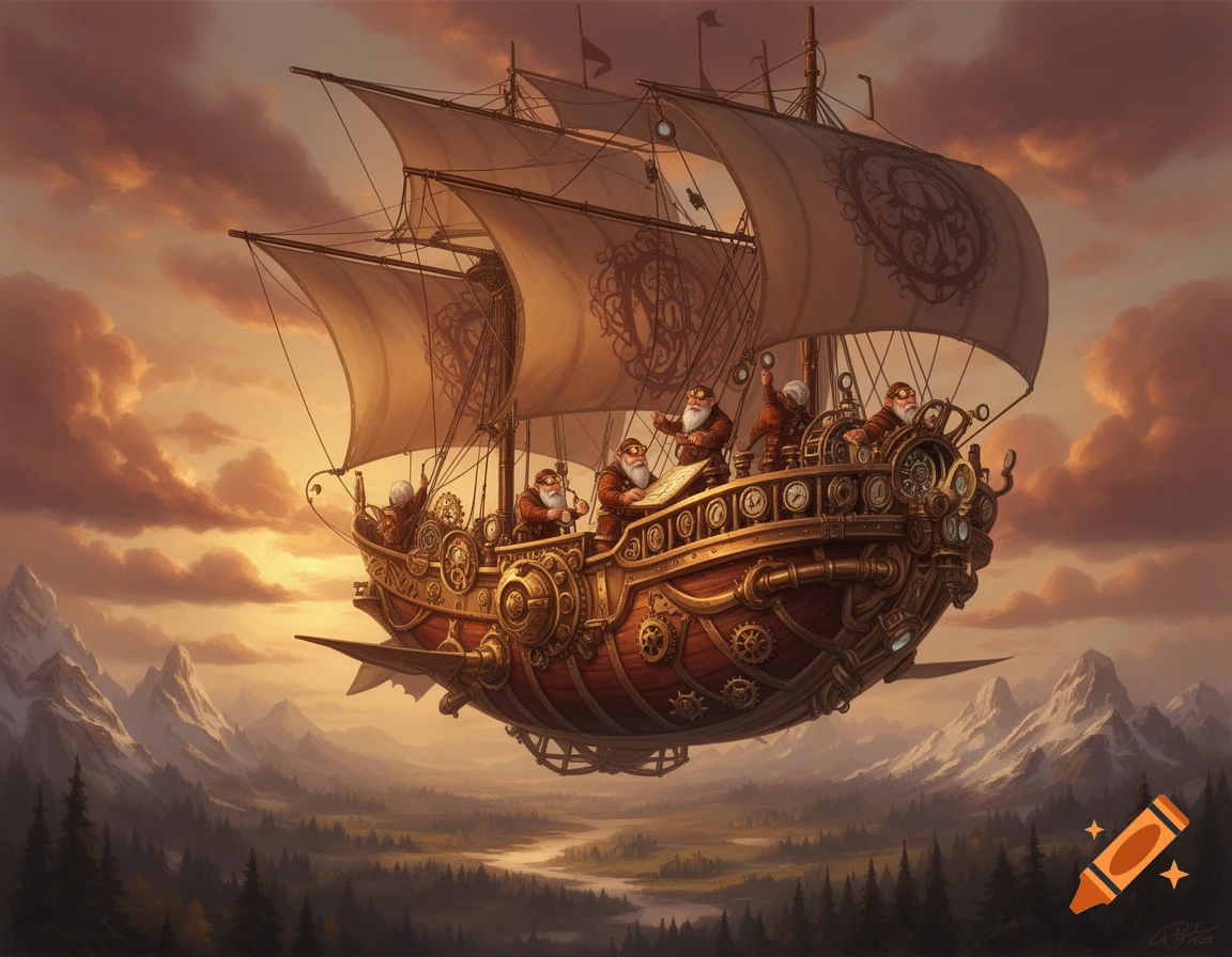 A detailed steampunk airship with large sails, manned by bearded dwarves in goggles, flies over a mountainous forested landscape at sunset.