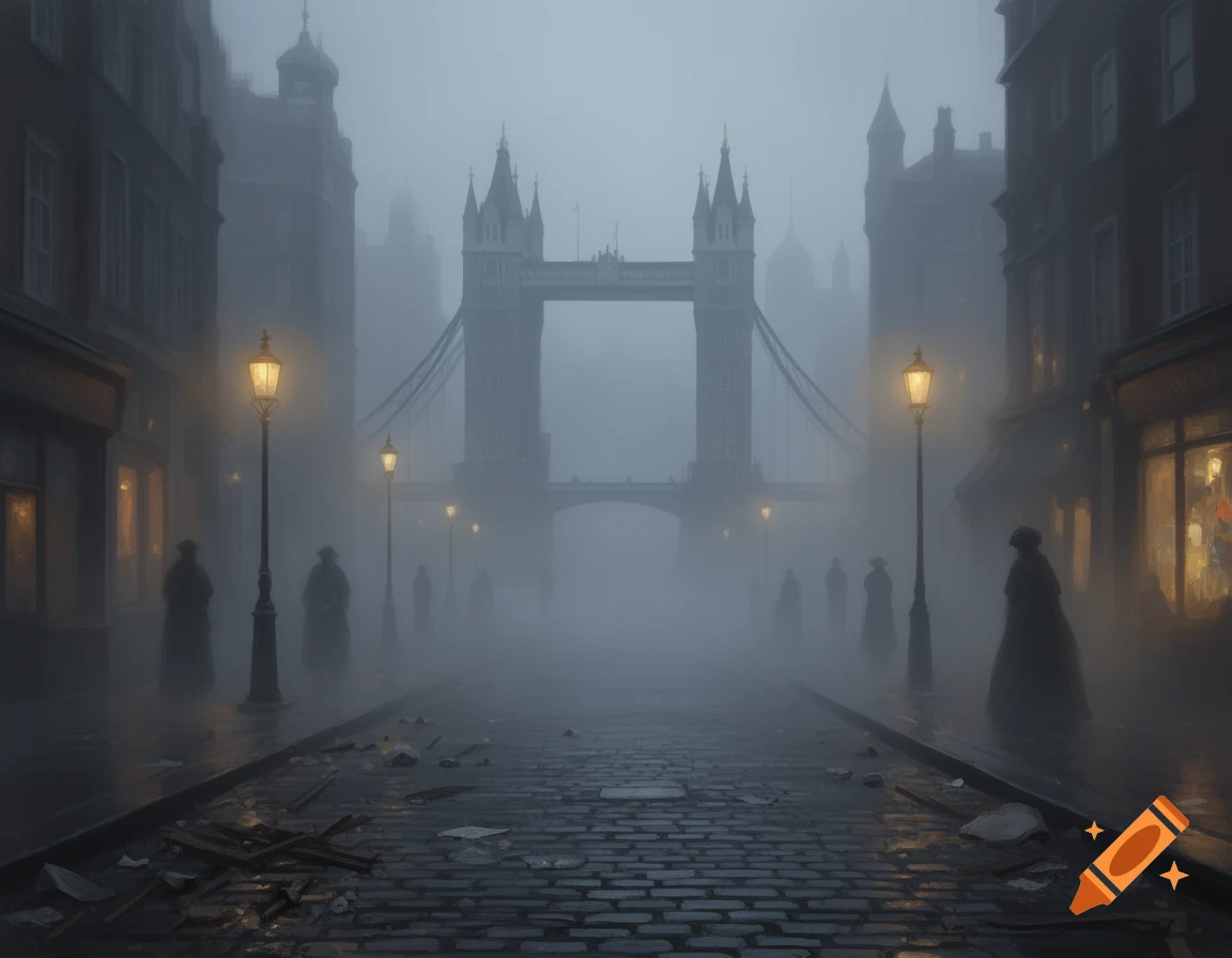 A foggy, dirty London street at night, with Tower Bridge in the distance, street lamps casting a glow on silhouetted figures.
