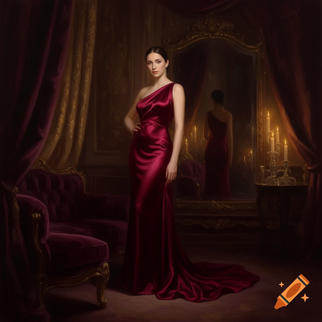A woman in a flowing red satin gown poses in a luxurious, dimly lit room with a mirror and candles, in a photorealistic painterly style.