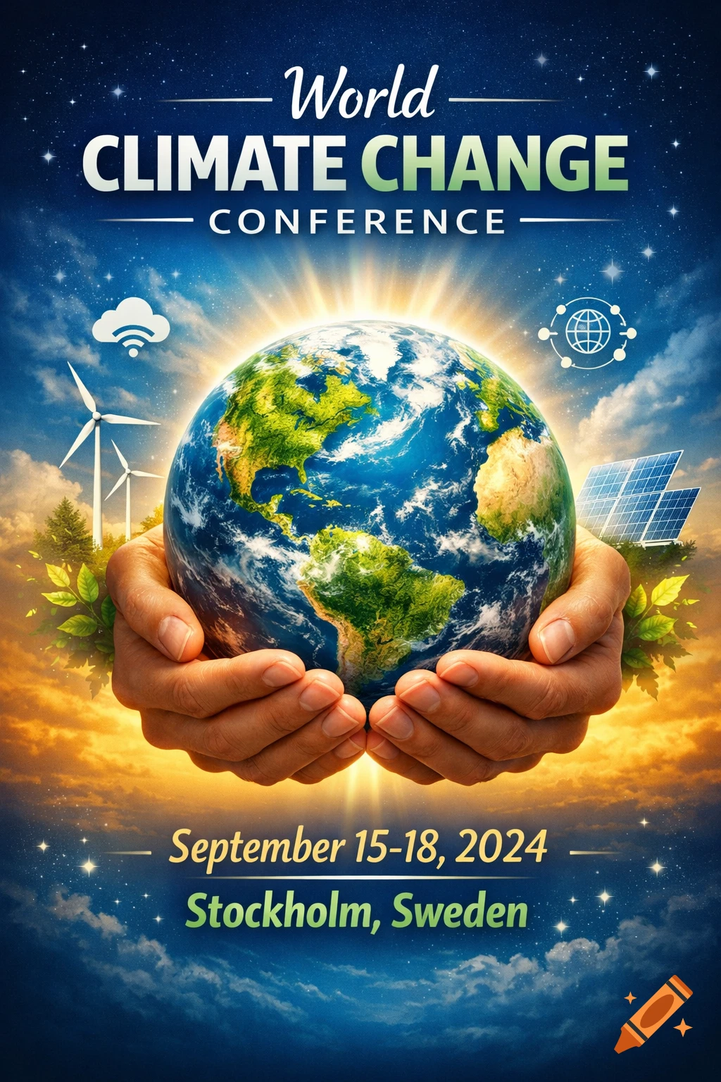 Vibrant poster for the World Climate Change Conference: hands hold Earth, flanked by wind turbines, solar panels, and event details.