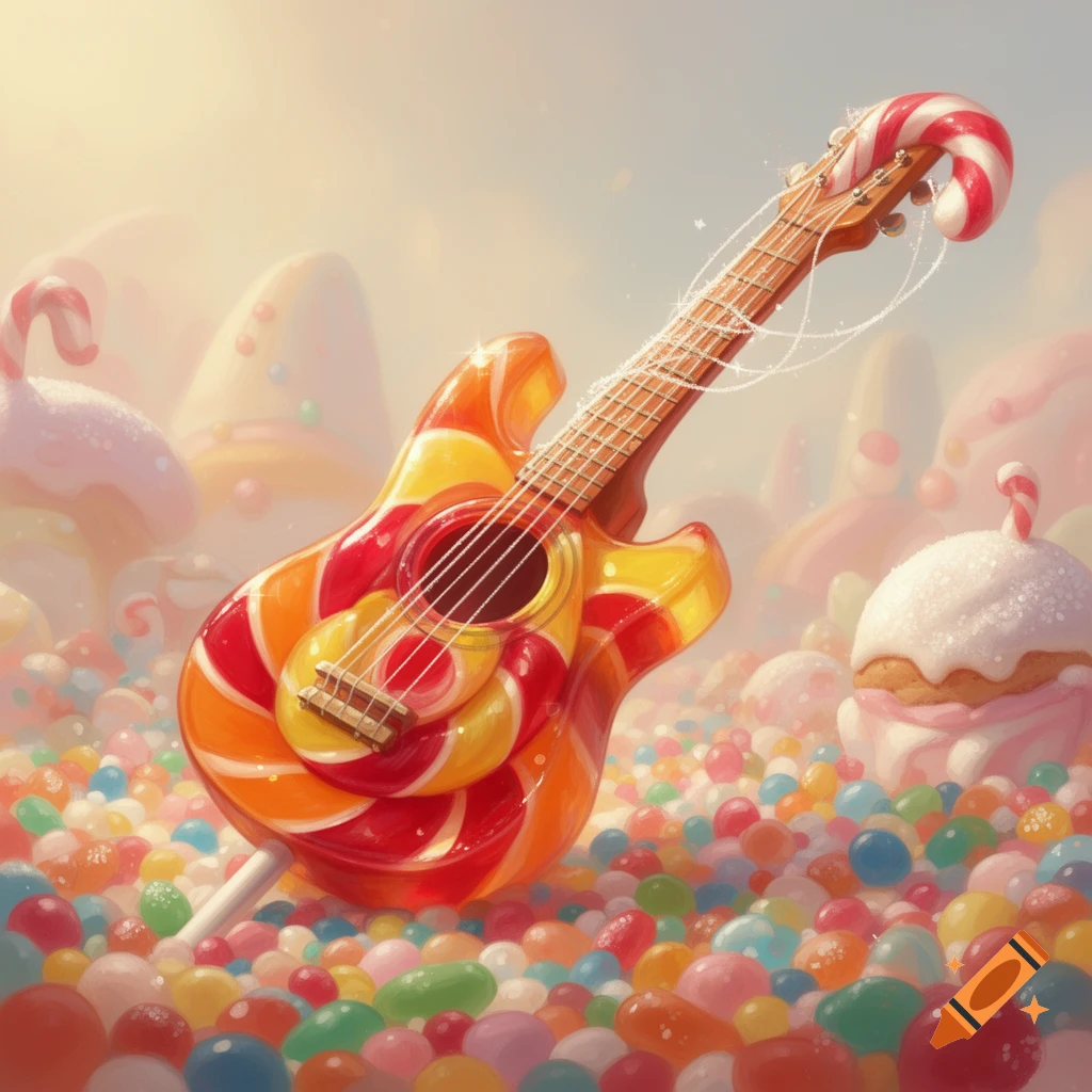 A vibrant, whimsical guitar made from a giant swirl lollipop, standing amidst a sea of colorful candies and sweet treats.