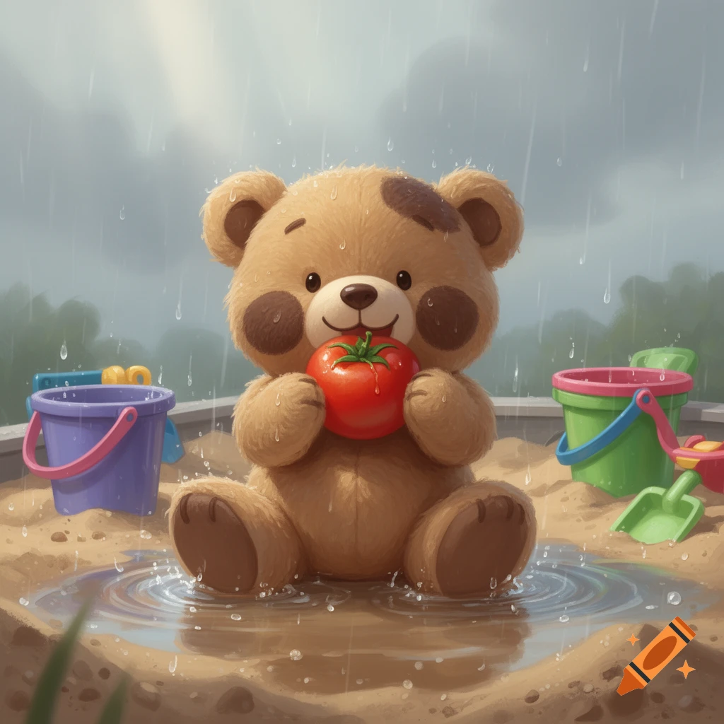 A cute happy teddy bear sits in a sandbox during the rain, holding a red tomato. Childish illustration style.