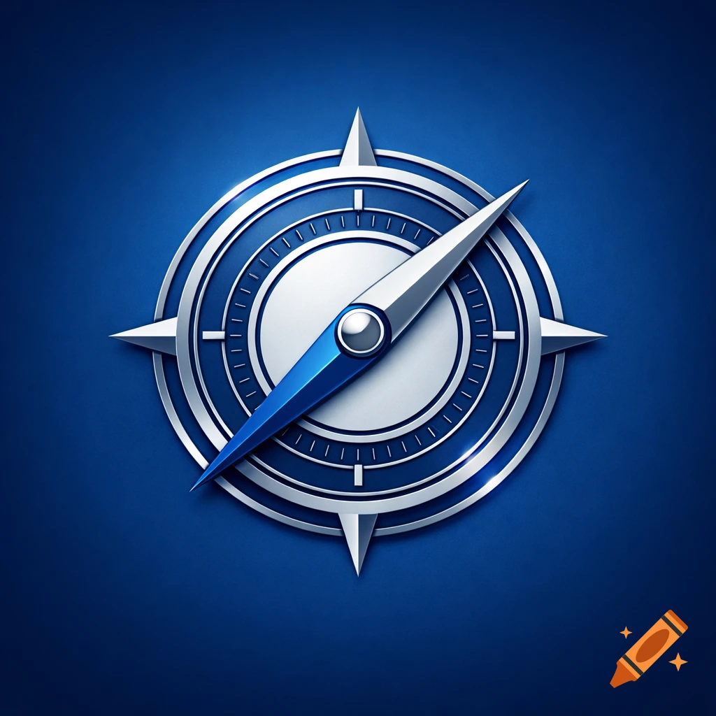 A sleek, metallic silver and blue compass logo on a textured dark blue background.