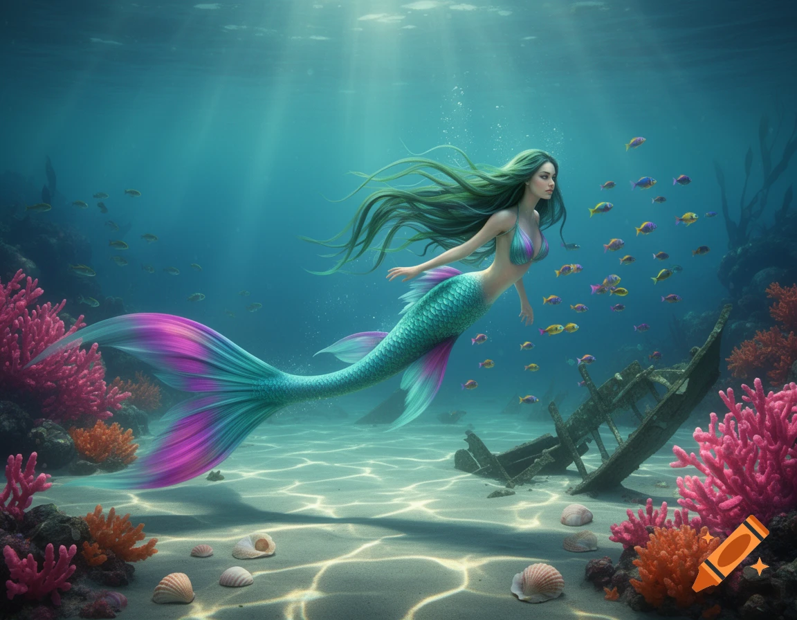 A vibrant mermaid with flowing green hair and a teal-pink tail swims underwater amidst colorful coral, fish, and a sunken wreck.