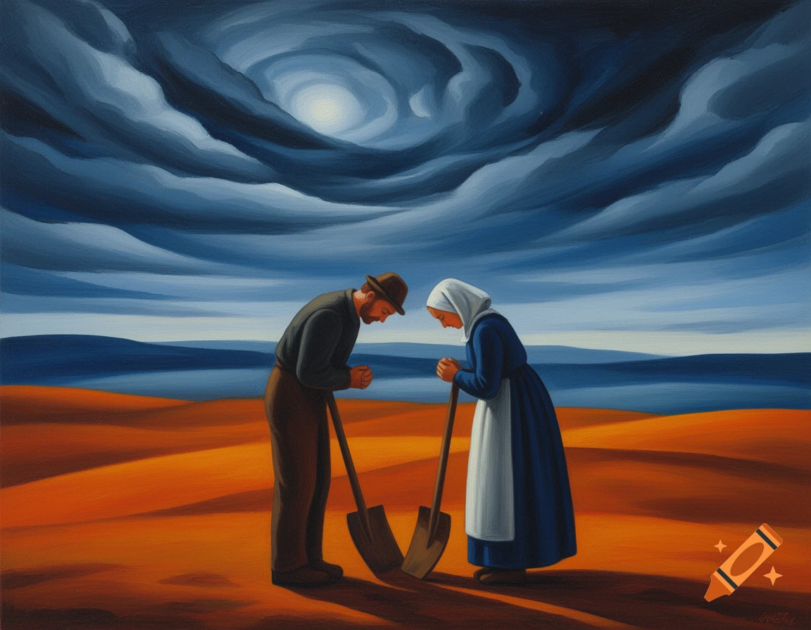 A stylized painting of a man and a woman bowing over shovels in a barren orange landscape under a dramatic blue sky.