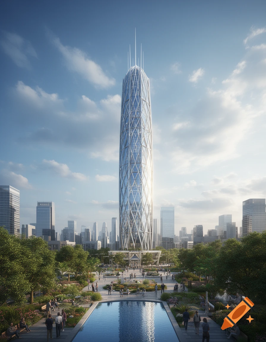 Photorealistic image of a tall, modern skyscraper with a diamond facade, standing in a city park with a reflecting pool and other buildings.