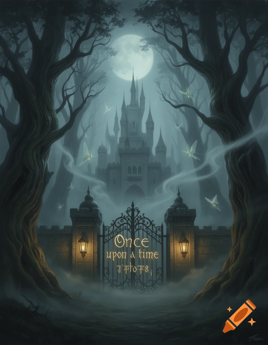 A spooky, dark forest scene with a full moon, a grand castle shrouded ...