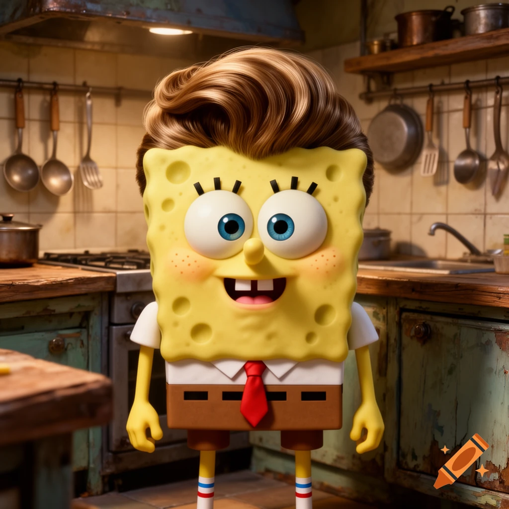 A realistic 3D render of Spongebob Squarepants with a full head of brown hair, standing in a rustic kitchen.