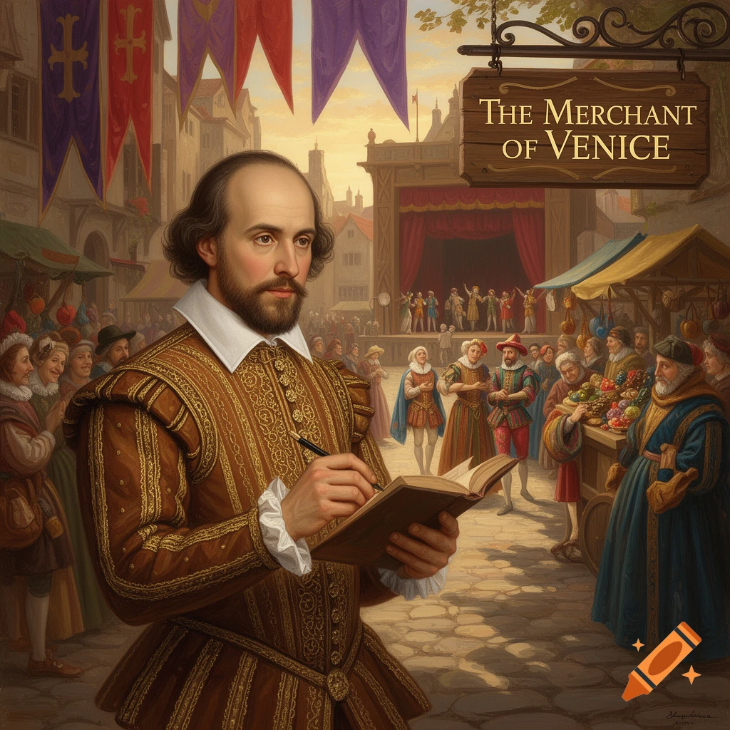 William Shakespeare writing in a book in a bustling Renaissance market square with a sign for 'The Merchant of Venice' and a theatre in the background.