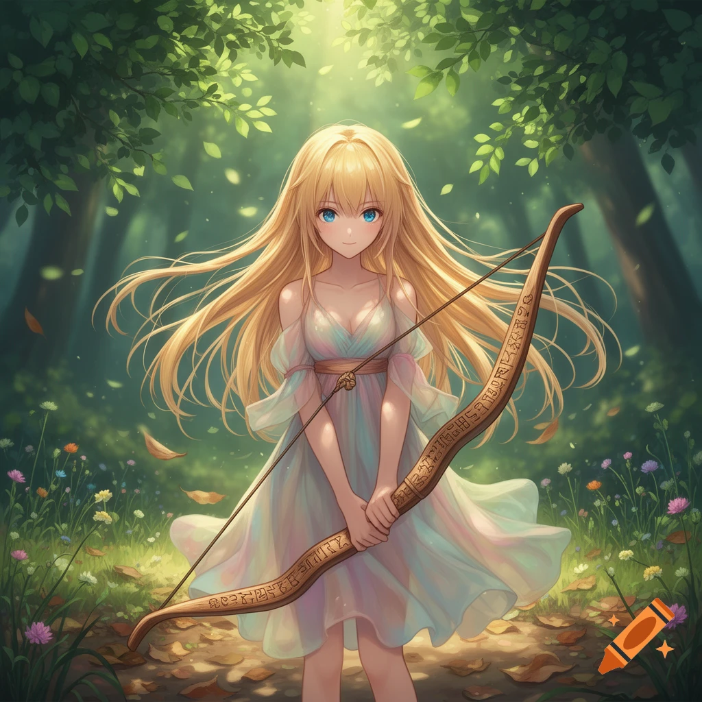 Anime girl with long blond hair and blue eyes, wearing a light dress, holding a wooden bow with carvings in an enchanted forest.