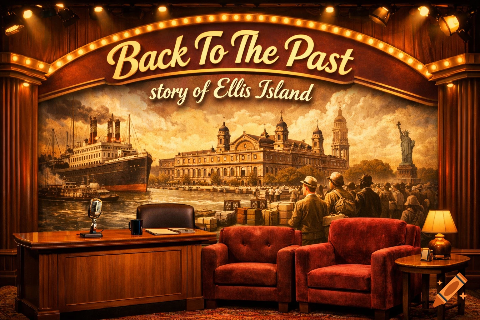Vintage TV studio set with an Ellis Island mural featuring a steamship, immigrants, and the Statue of Liberty, under a banner "Back To The Past story of Ellis Island".
