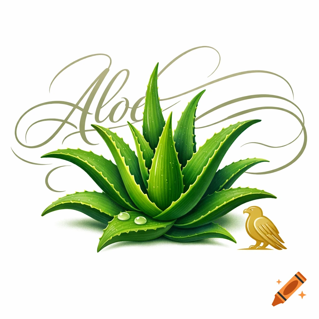 A green aloe vera plant with water droplets, 'Aloe' in elegant calligraphy, and a golden eagle icon.