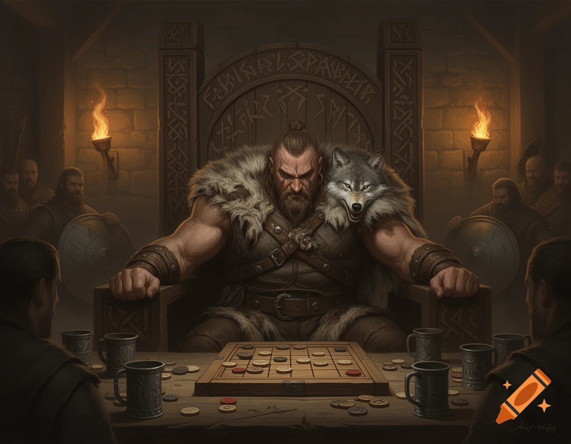 A muscular barbarian with a wolf pelt on his shoulder sits at a table, intensely playing a board game with other men in a torchlit hall.