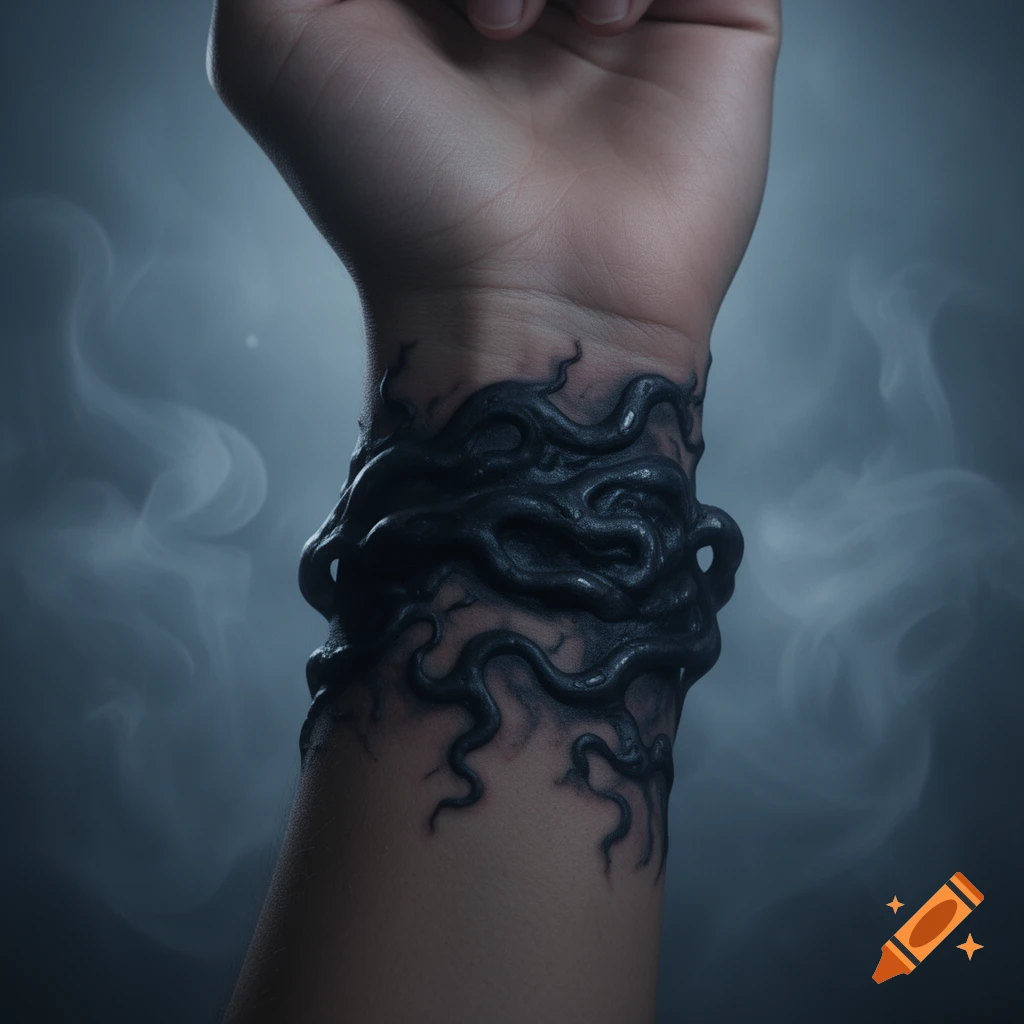 Close-up of a person's forearm and wrist with a dark, organic, tentacle-like tattoo against a smoky, dark background.