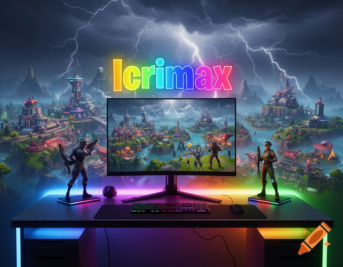 A gaming desk with RGB lighting, a monitor displaying a Fortnite-style landscape, two game figurines, and 'Icrimax' text under a stormy fantasy sky.