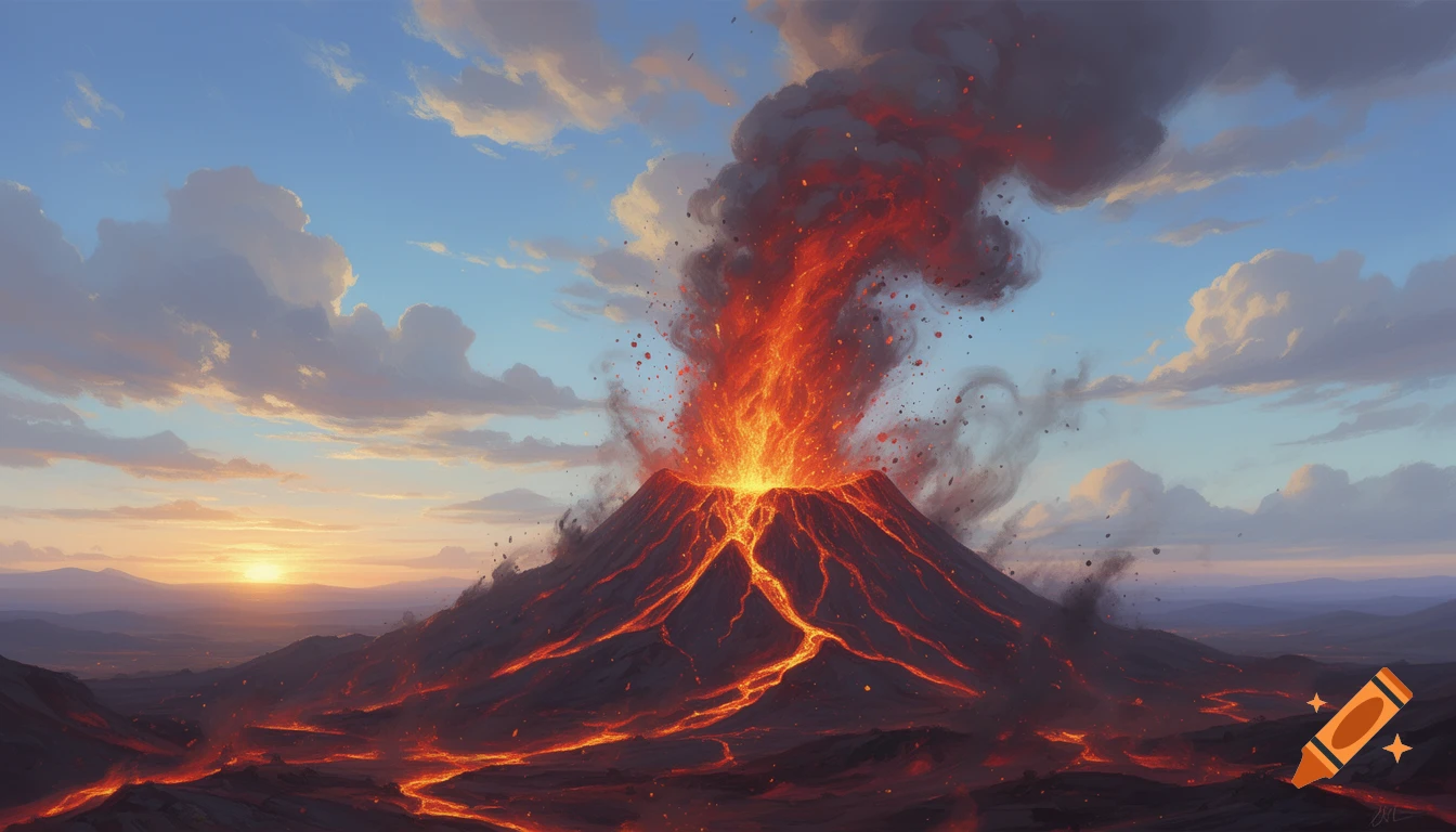A vibrant volcanic eruption with molten lava flowing down the mountain at sunrise, under a cloudy blue and orange sky.