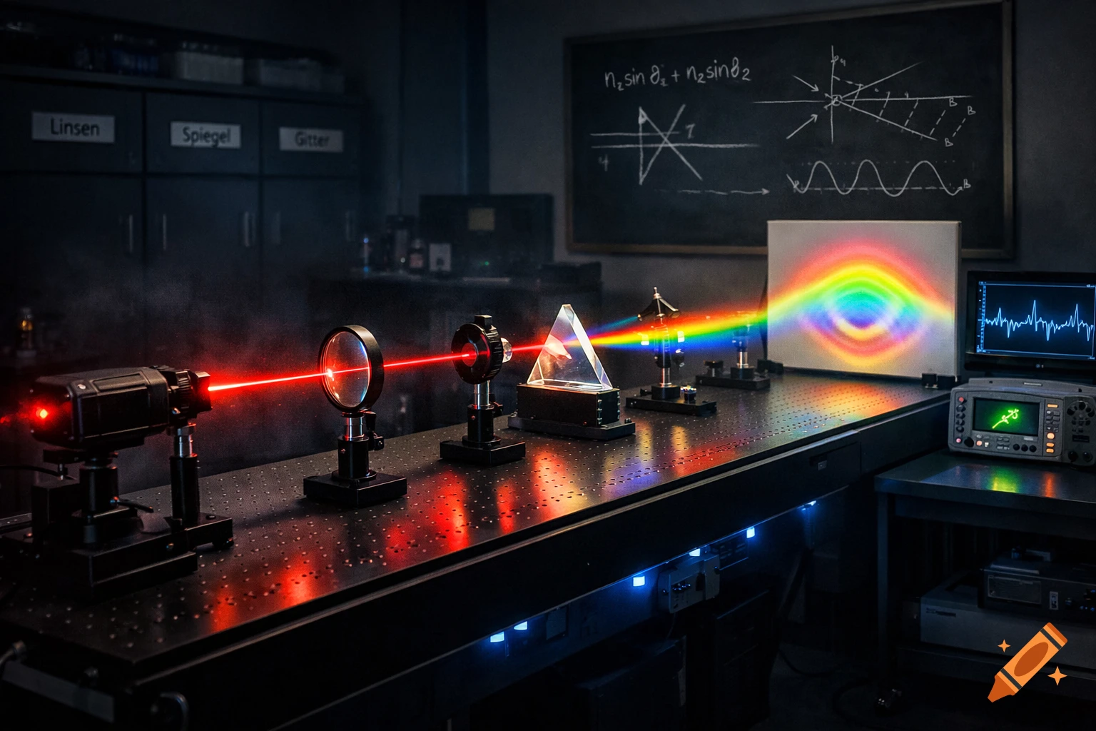 Red laser beam splitting into a rainbow spectrum through optics on a lab bench in a dark physics laboratory.