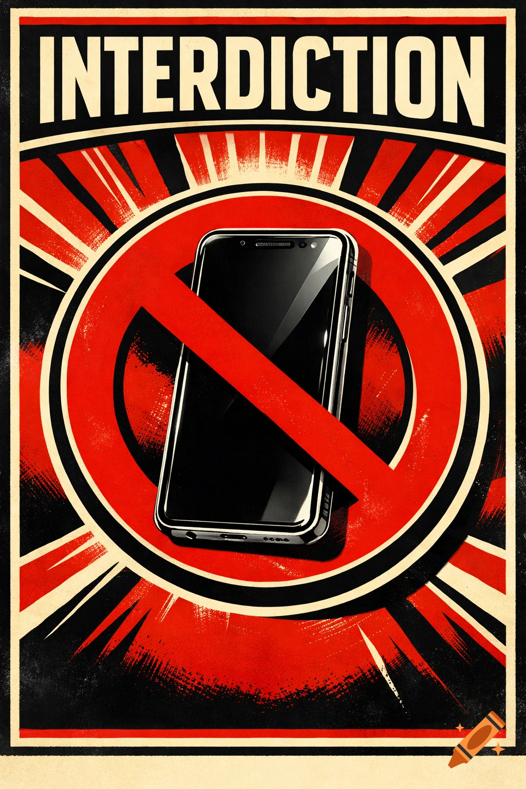 Vintage propaganda poster with a smartphone in a red no-entry sign and the word 'INTERDICTION'.