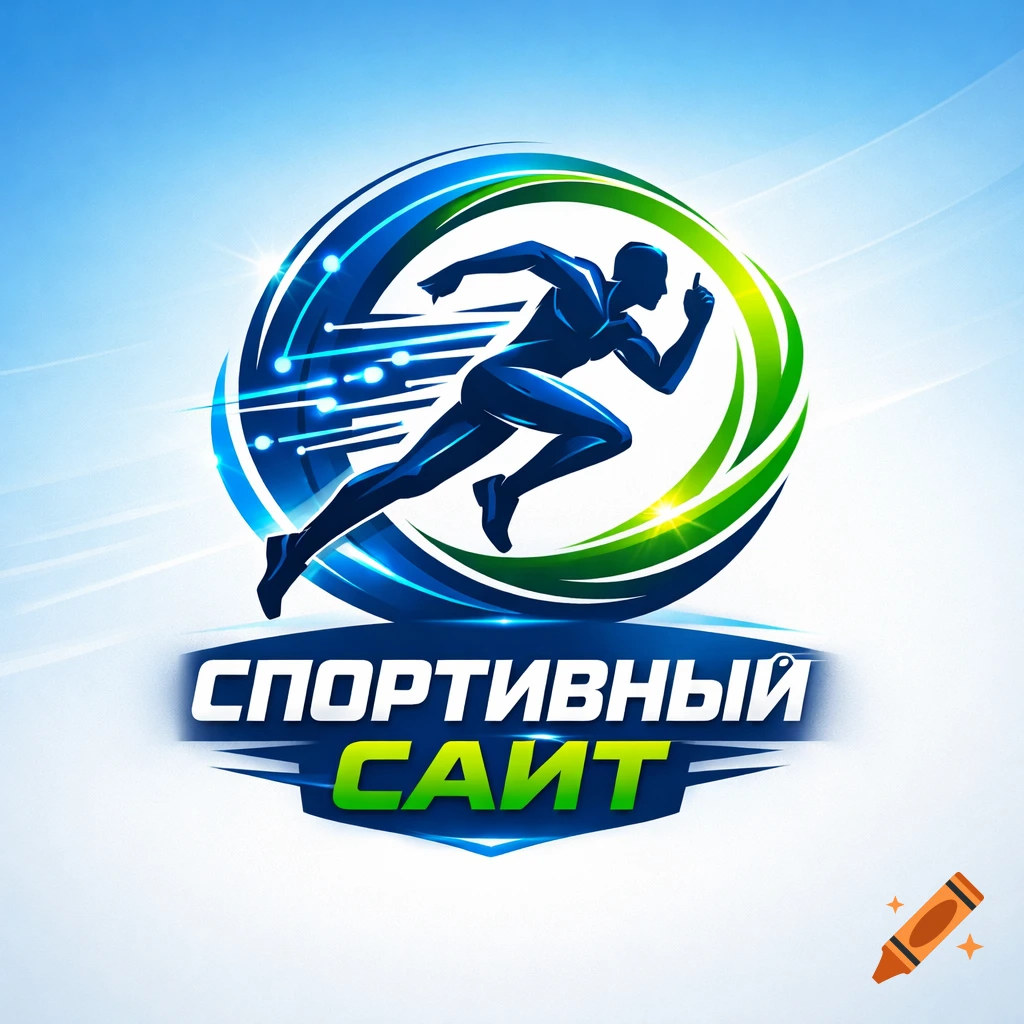 Stylized blue and green logo with a running figure inside a circular emblem, over text "СПОРТИВНЫЙ САЙТ" (Sports Website).
