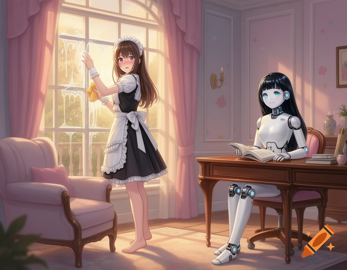 An anime maid cleaning a window as a white humanoid robot woman with black hair reads a book at a desk in a living room.