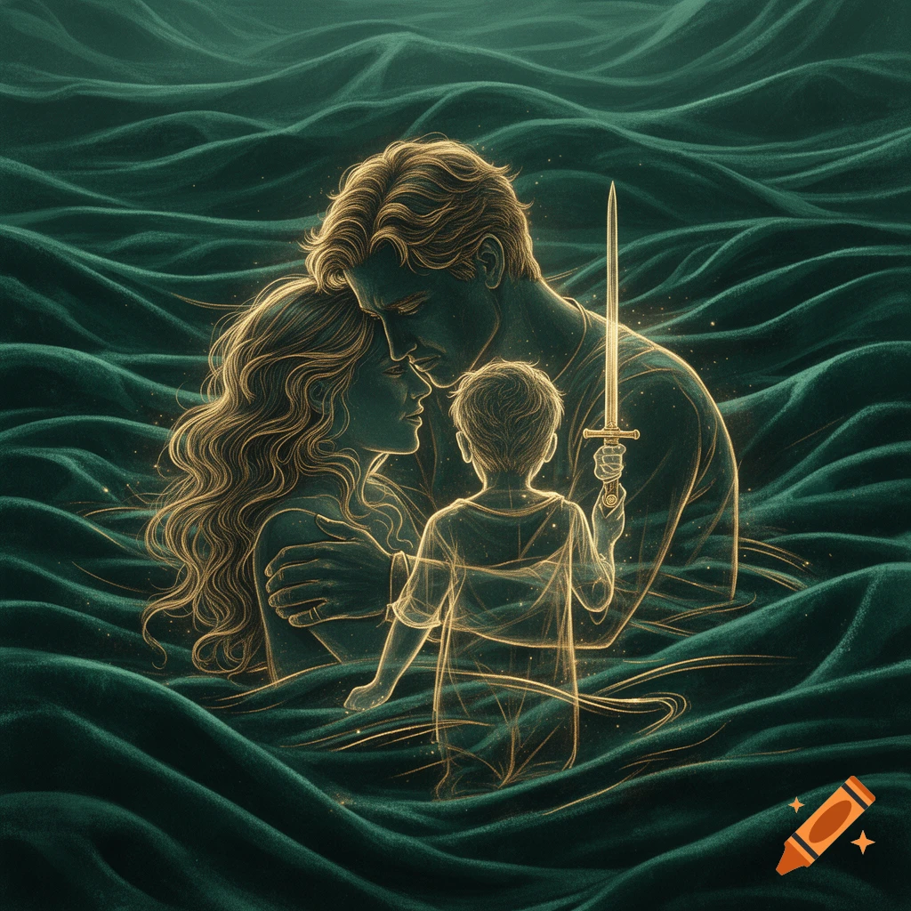 A glowing family portrait of a man, woman, and child holding a sword, emerging from dark teal velvet waves in an ethereal, stylized art form.