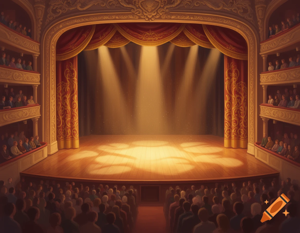 An ornate theater stage with red and gold curtains under bright spotlights, with an audience in the orchestra and balconies.