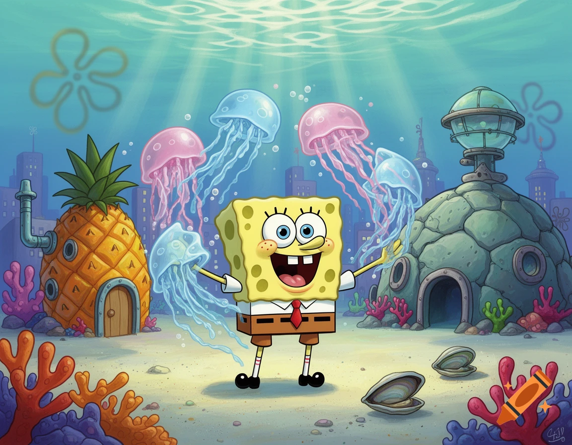 Spongebob SquarePants smiles while juggling blue and pink jellyfish in front of his pineapple house and Squidward's moai home underwater.