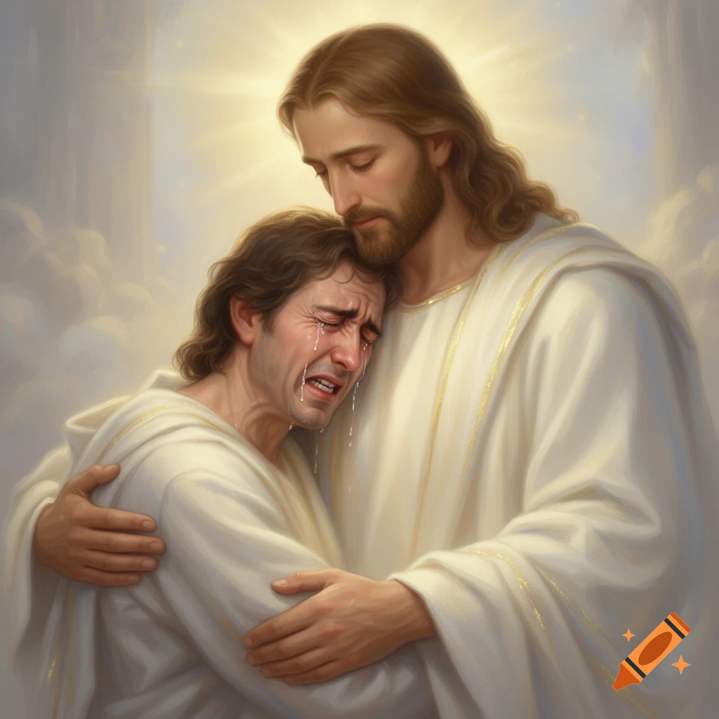 Jesus Christ gently embraces a weeping man against a background of glowing light and clouds, in a devotional art style.