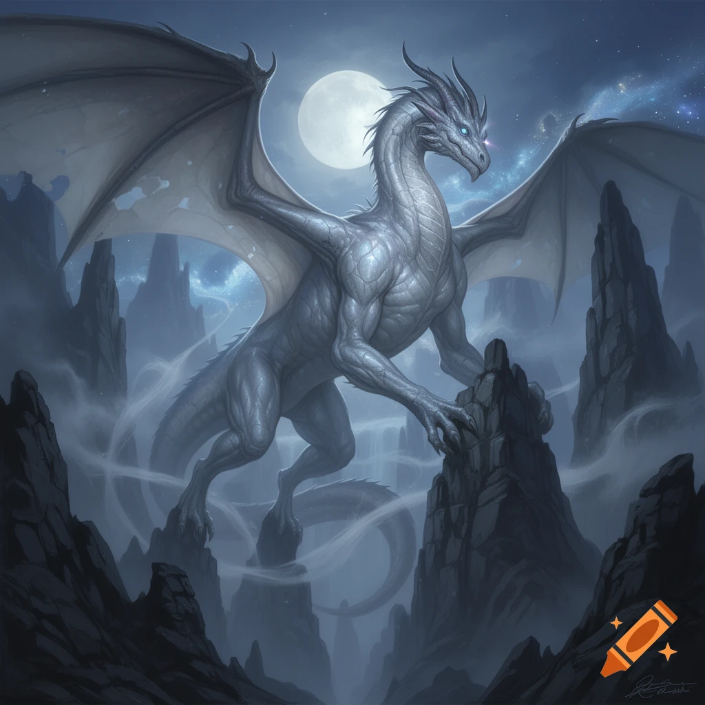 A large, silver dragon with wide wings stands on dark rock spires under ...