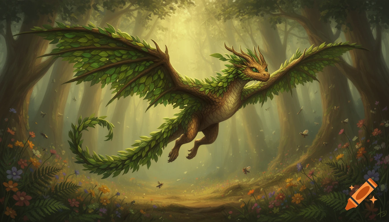 A fantasy forest dragon with green leaf wings and tail soars through a ...