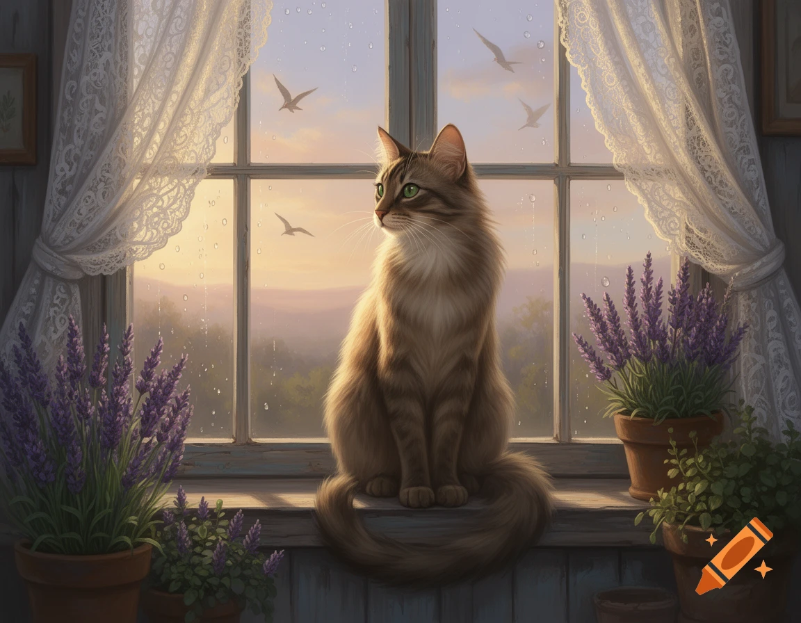 A fluffy brown cat with green eyes sits on a windowsill, looking out at a sunset landscape, framed by lace curtains and lavender plants.