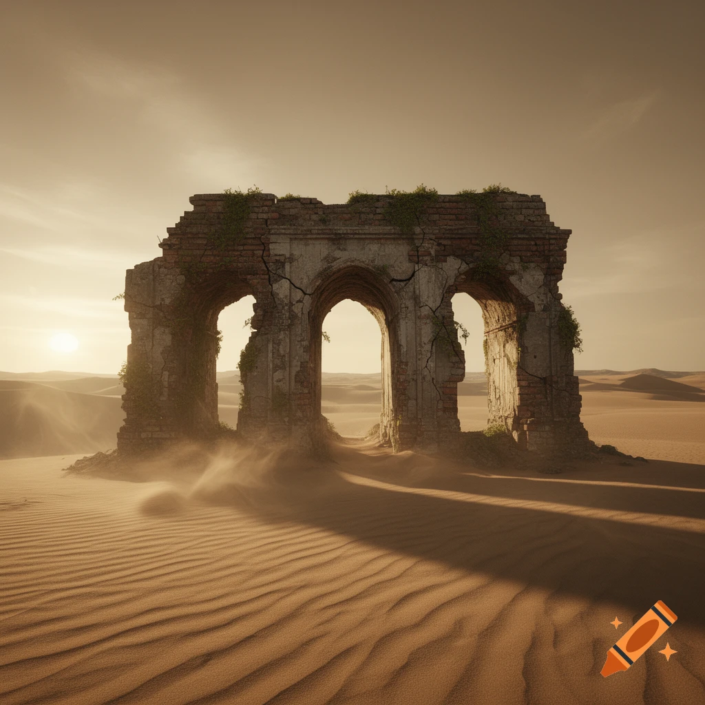 Decaying stone and brick archway ruins in a vast, sunny desert with blowing sand and dunes.