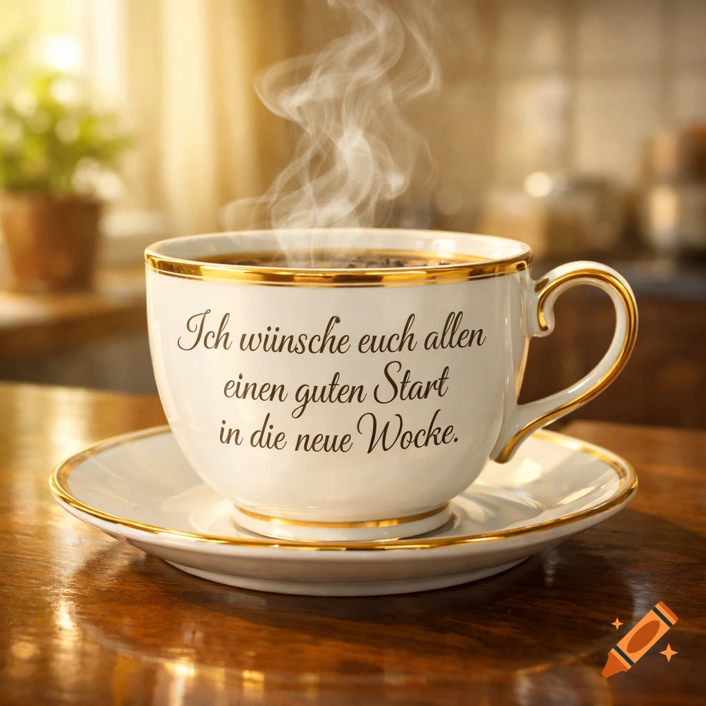 A steaming white coffee cup with gold trim and German text "Ich wünsche euch allen einen guten Start in die neue Woche" on a wooden table in a sunny kitchen.