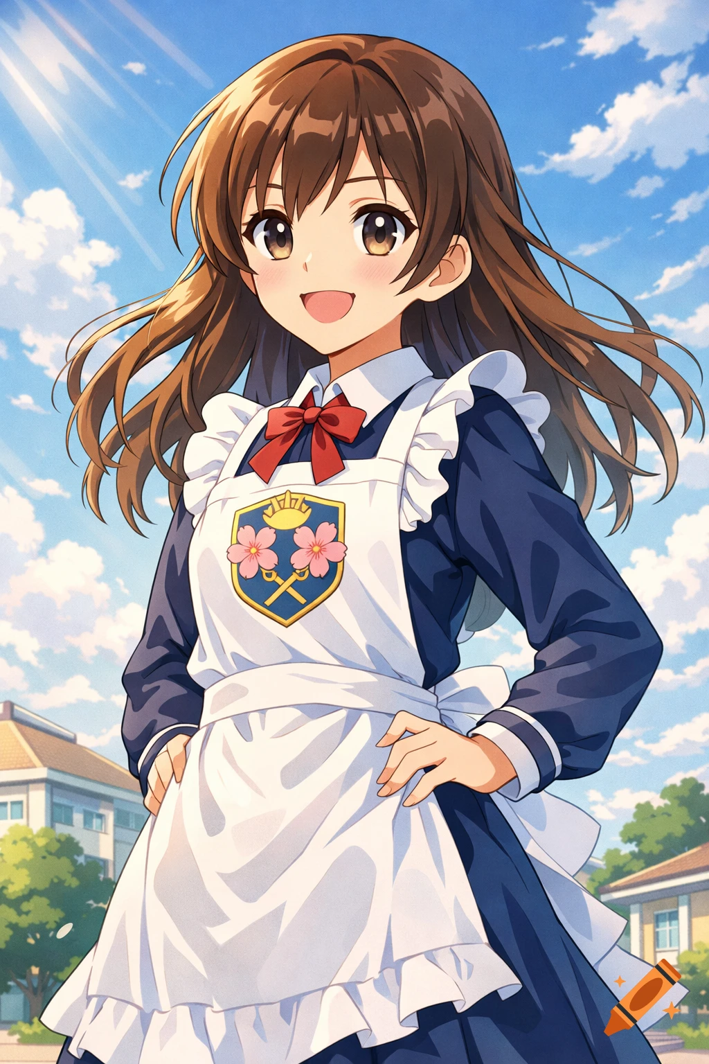 Smiling anime schoolgirl in a blue uniform and white apron with a crest, standing outdoors under a sunny sky.