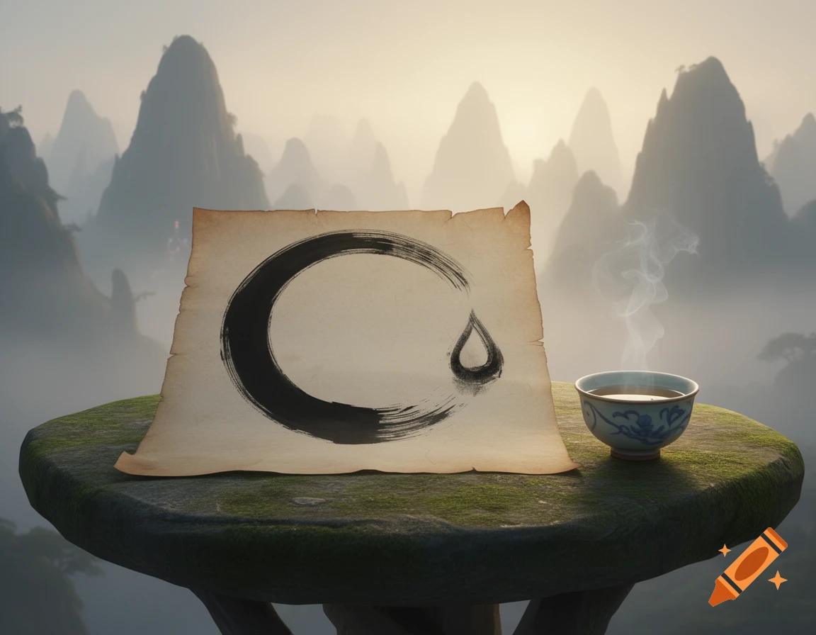 A Zen Ensō circle in black ink on parchment, placed on a mossy stone table with a steaming teacup, against a backdrop of misty mountains.
