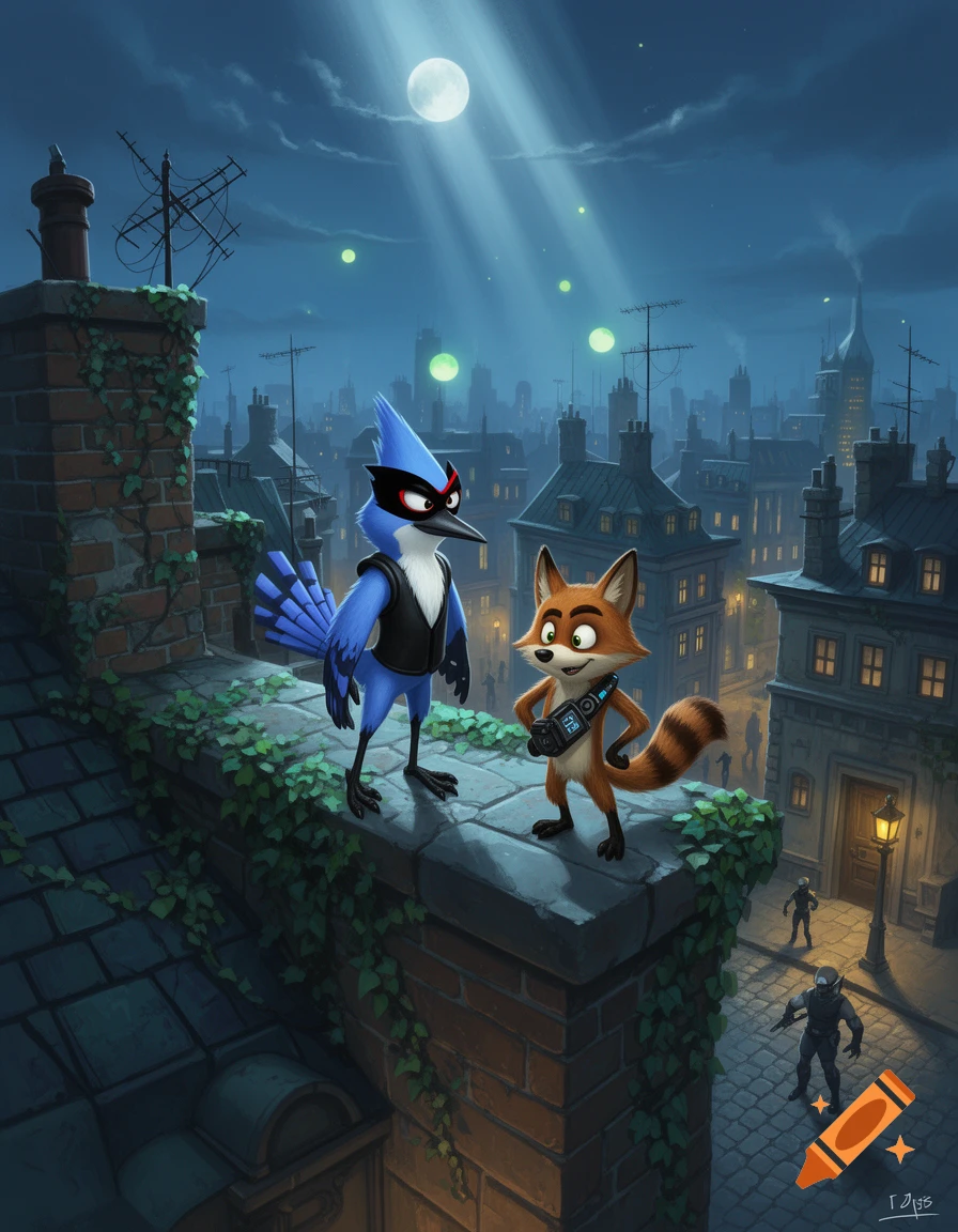 Cartoon blue jay and fox-like character in vests stand on a rooftop overlooking a nighttime city under a full moon.