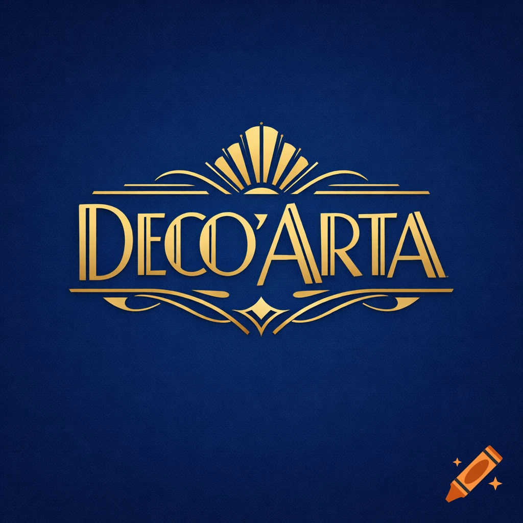 Gold Art Deco style 'DECO'ARTA' logo with sunburst and filigree on a textured blue background.