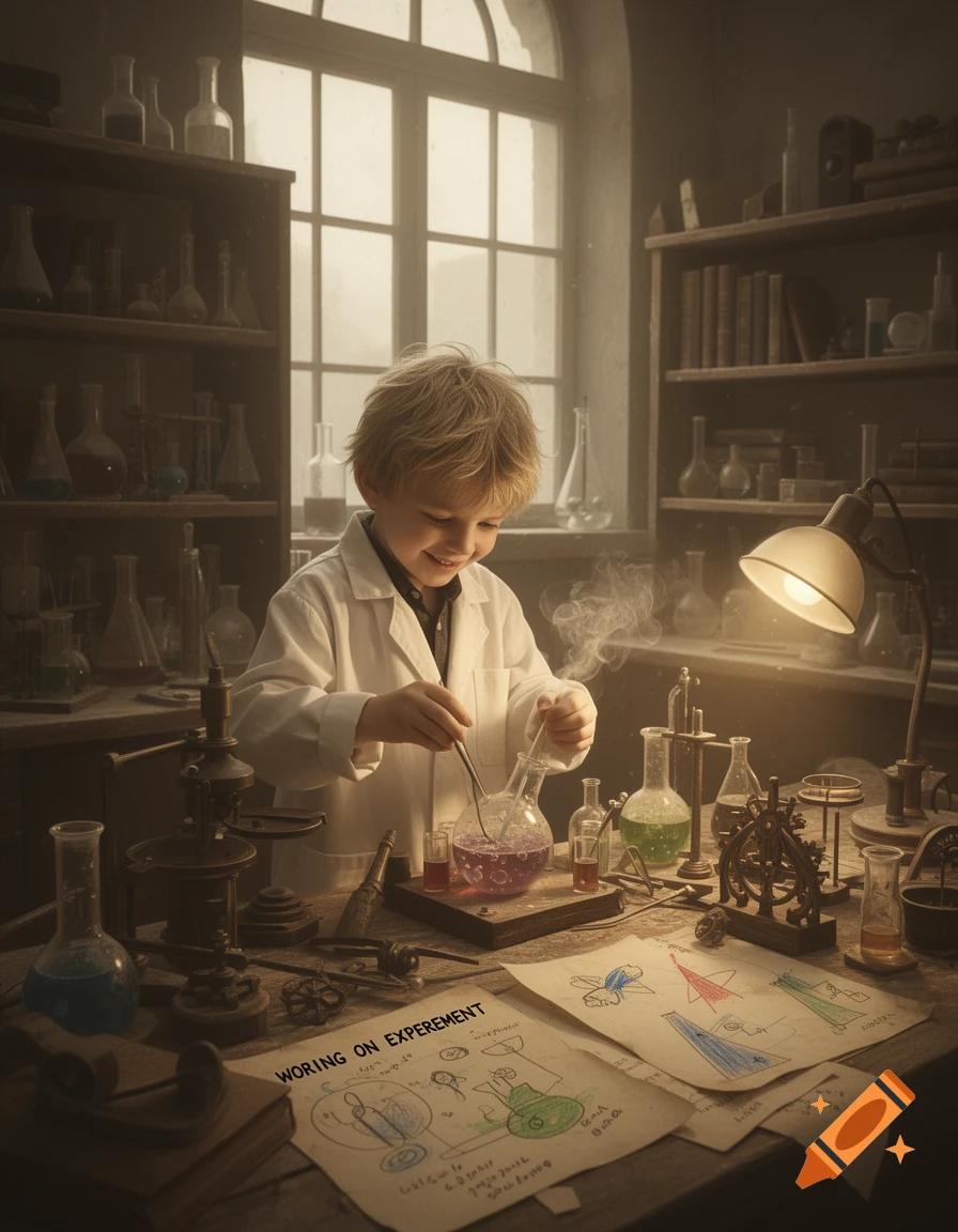 A young boy in a lab coat smiling while performing a chemical experiment in a dusty, dimly lit laboratory, surrounded by beakers and scientific equipment. Papers with drawings and the misspelled text "WORING ON EXPEREMENT" are on the table.