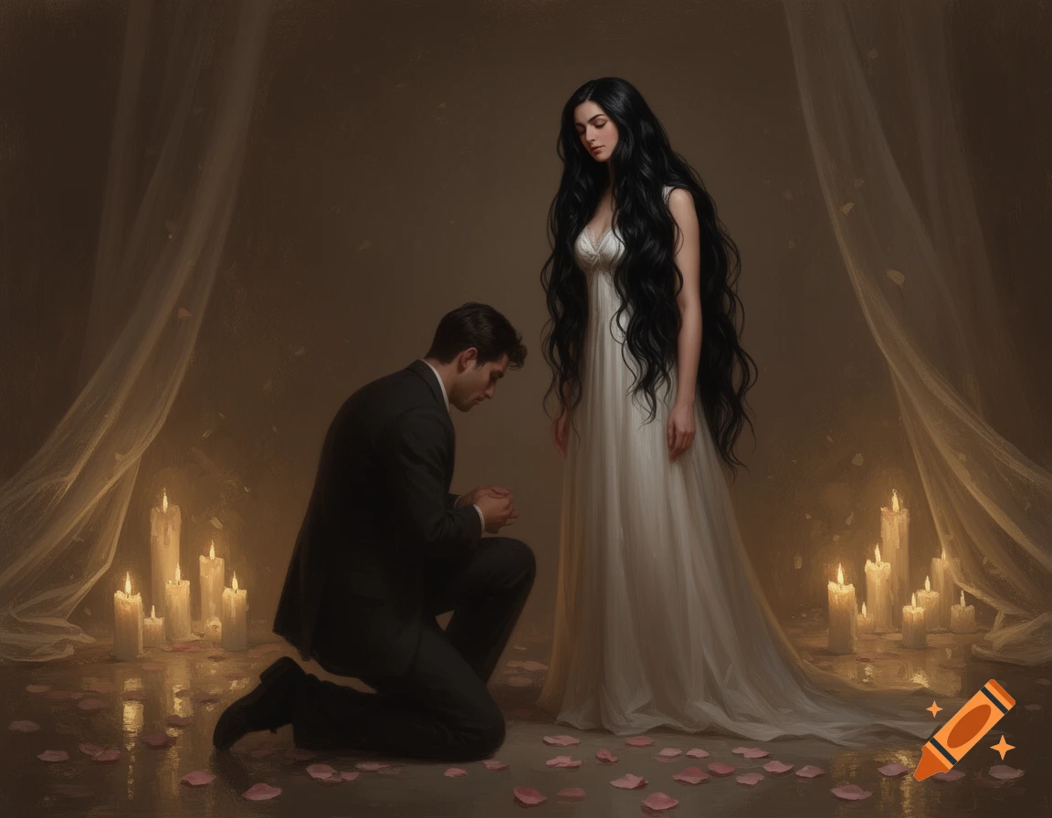 A man in a suit kneels before a woman in a white dress, surrounded by candles and rose petals in a warmly lit room.