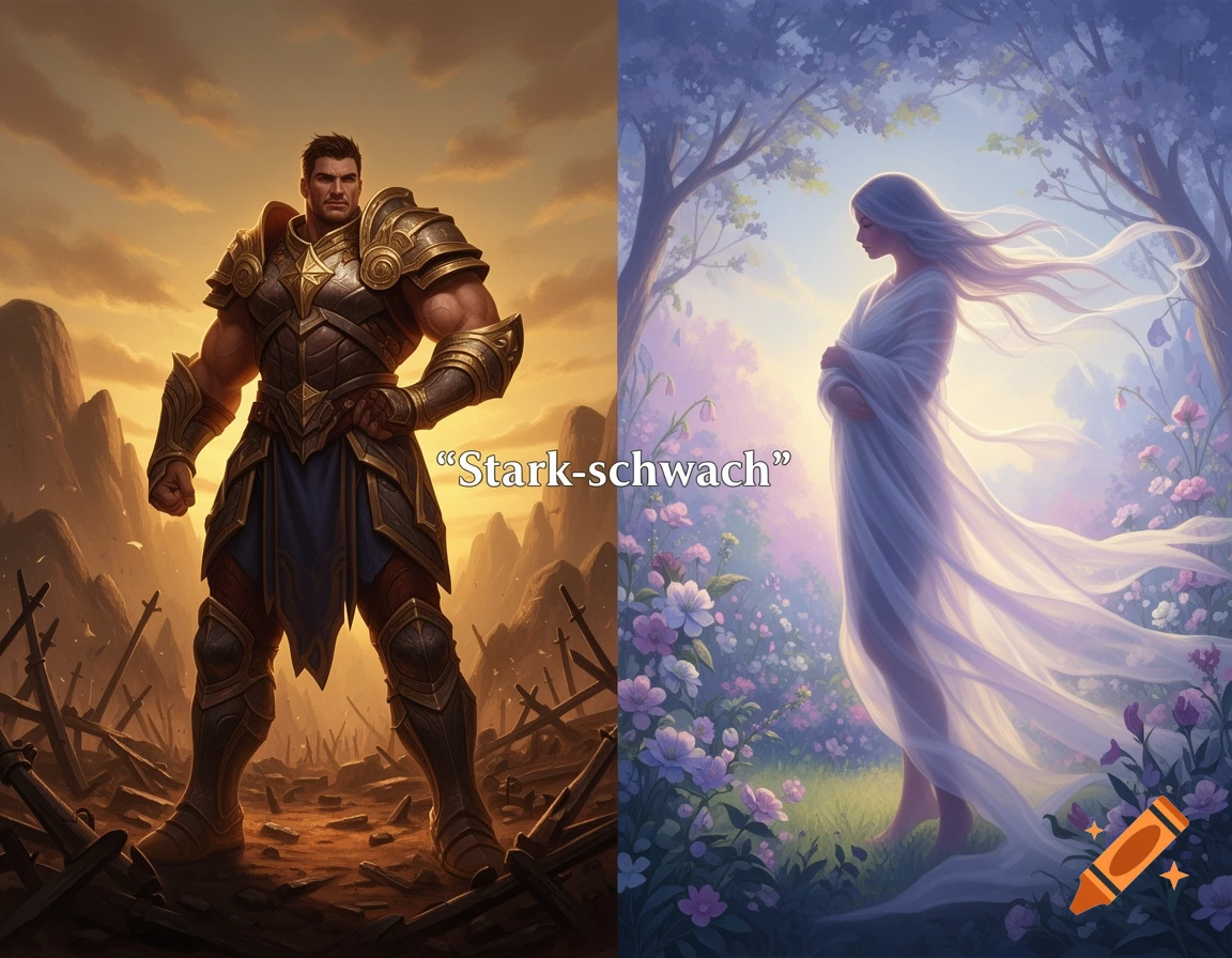 Split fantasy illustration: a warrior in armor on a battlefield and an ethereal woman in a flower forest, with 'Stark-schwach'.