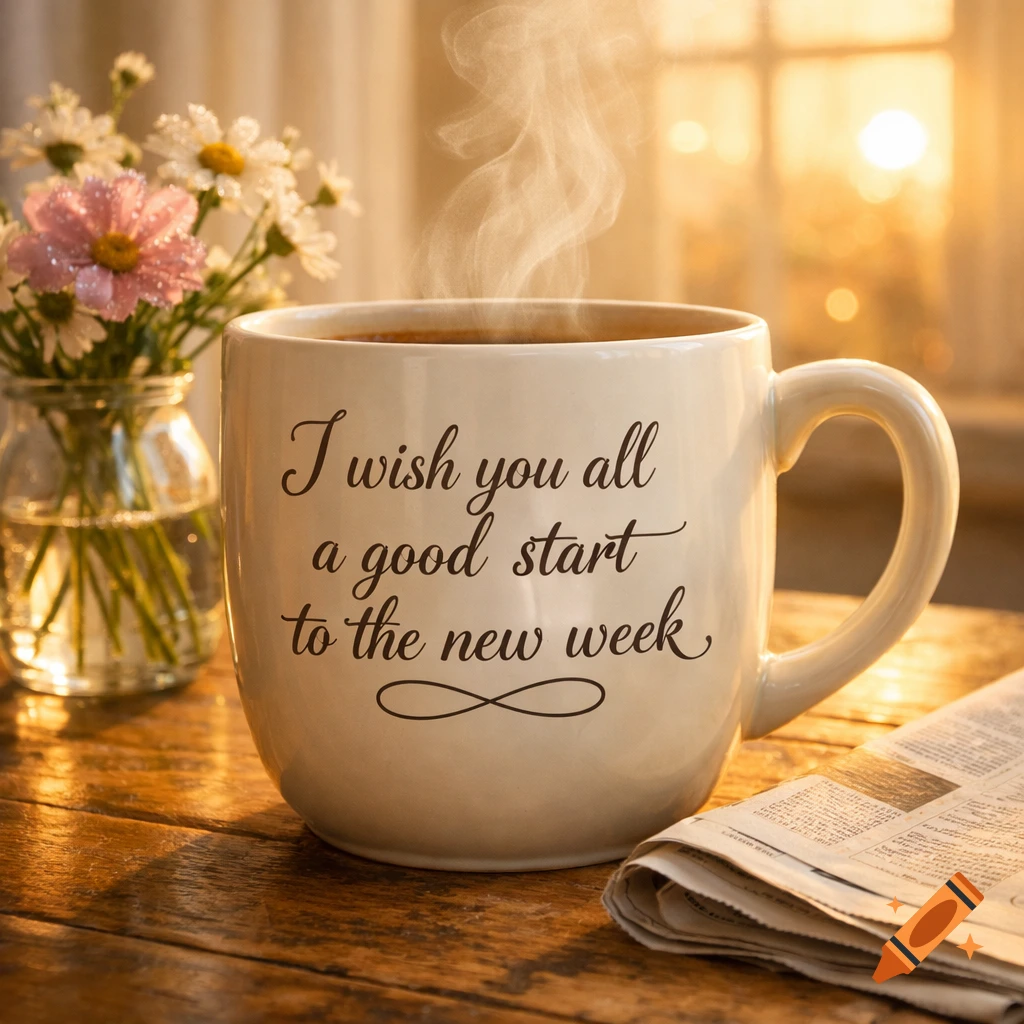 A steaming coffee mug with "I wish you all a good start to the new week" sits on a wooden table with flowers and a newspaper in warm morning light.