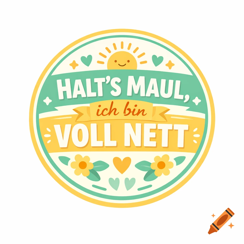 Circular badge with "Halt's Maul, ich bin voll nett" (Shut your mouth, I'm super nice) in German, featuring a sun, hearts, and flowers.